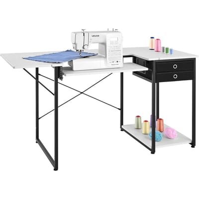 Naaitafel, Multifunctionele Naaimachinetafel met Lades, Opvouwbaar Zijblad, Verstelbare Plank, Stalen Poten, Bureau voor Thuis, Mode