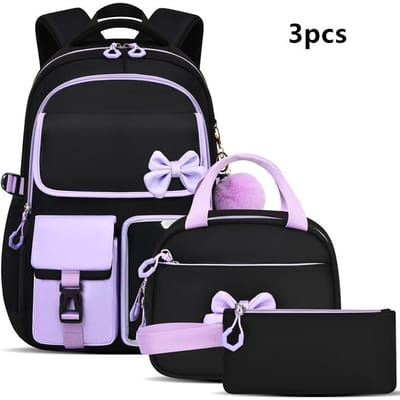 Drie Delige Paarse Schooltas Set Casual met Pennenbakje Leerlingen Schooltas Duurzaam met Lunchtas Grote Capaciteit strik Rugzak boek