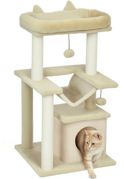 PawHut Katzenbaum 90 cm Kratzbaum mit Hängematte Spielbaum Katzenhöhle Plattformen Kletterbaum Katzenkratzbaum Aktivitätskratzbäum Plüsch Sisal Creme