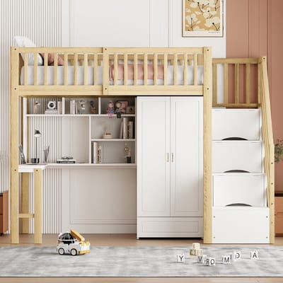 Wishdor Hoogslaper 90x200 cm – Kledingkast & Bureau – Opbergtrap met Lades – Wit & Naturel Hout – Compleet