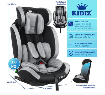 KIDIZ® Autostoel Driehoek Premium Kinderzitje Autostoeltje | Autostoelschaal | 9 kg - 36