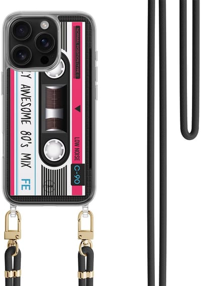 Casevibes - Telefoonhoesje met koord - Geschikt voor Apple iPhone 16 Pro - Cassette - Zwart - Print