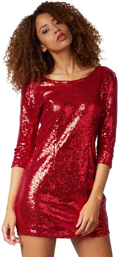 dressforfun - Paillettenjurk met lange mouwen rood M - verkleedkleding kostuum halloween verkleden feestkleding carnavalskleding carnaval feestkledij partykleding - 303802