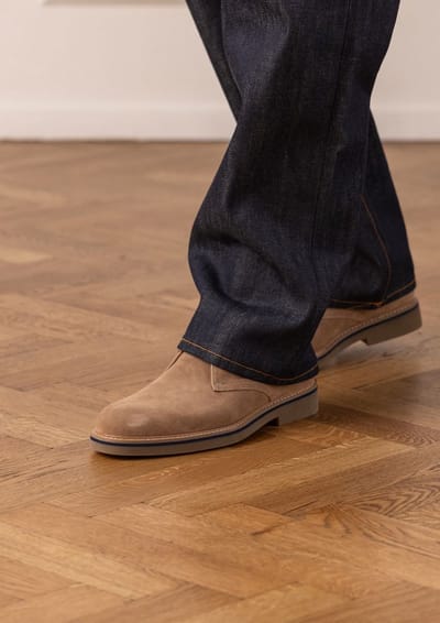 Manfield - Heren - Taupe suède veterschoenen - Maat 40