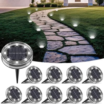 Set van 10 Zonnelampen voor Buiten – 8 LEDs, IP68 Waterdicht, Koud Wit, voor Tuin, Pad, Terras, Oprit