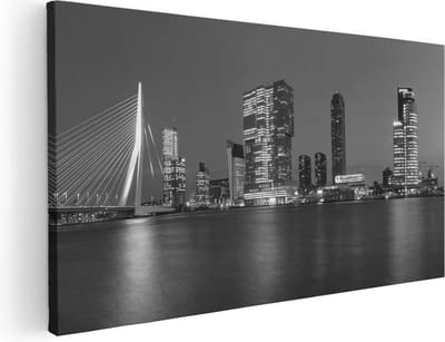 Artaza Canvas Schilderij Rotterdam Skyline - 40x20 cm - Klein - Wanddecoratie Erasmusbrug - Muurdecoratie Zwart Wit - Schilderijen Op Canvas