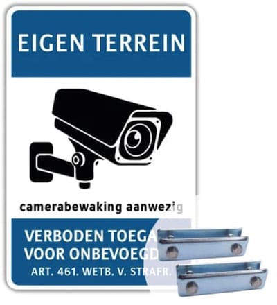 Eigen Terrein - Camerabewaking - Weerbestendig Aluminium - 40x60 cm - Bevestiging: Met hekbeugels (voor spijlen- of gaashek)