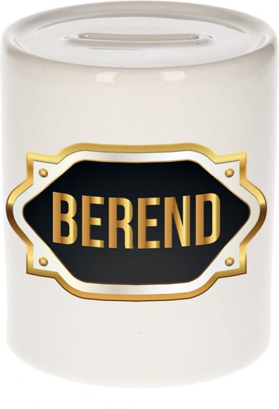 Spaarpot met voornaam Berend - wit - met goud/zwart embleem - 8 x 9 cm - keramiek - met afsluitdop - cadeau verjaardag
