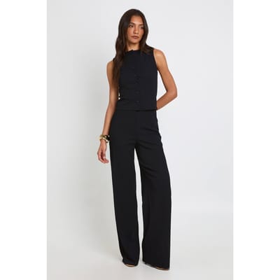 boohoo Dames Lange Crinkle Rib Mouwloze Top Met Knoopsluiting En Broek Set | Zwart | Maat: 40