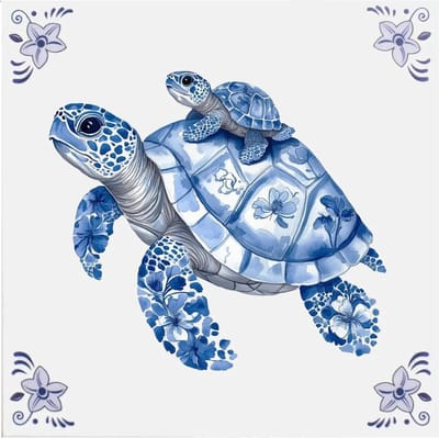 Delfts blauw tegeltje Schildpad met baby - delfts blauw wandbord - delftsblauw - hollandse cadeautjes - wanddecoratie - decoratieve accessoires