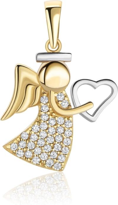 Gouden Engel Hanger - Beschermengel Zirkonia - Sieraad Cadeau - Bicolor 585 Goud - 50 gram - Goud
