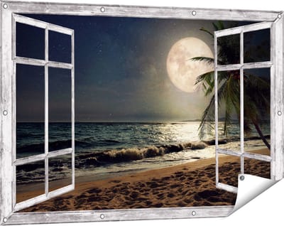 Gards Tuinposter Doorkijk Tropisch Strand in de Nacht met Volle Maan - 120x80 cm - Tuindoek - Tuindecoratie - Wanddecoratie buiten - Tuinschilderij