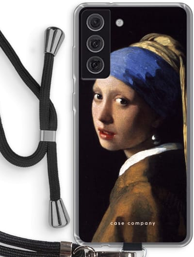 Hoesje met koord geschikt voor Samsung Galaxy S21 FE hoesje met Koord - The Pearl Earring - Telefoonhoesje met Zwart Koord - Bescherming aan alle Kanten en Over de Schermrand