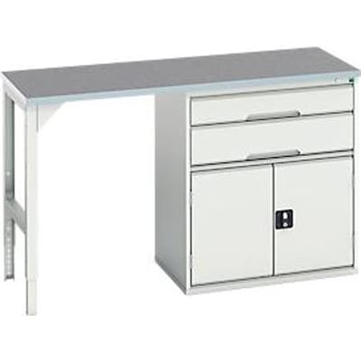 Onderbank Bott verso, linoleumblad, 2 laden, 1 deur, 1 plank, B 1500 x D 600 x H 930 mm, lichtgrijs