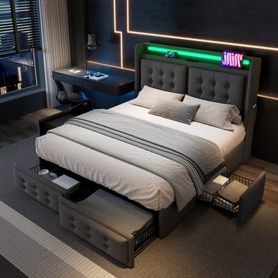 Pugsdrly Beddengoed 180x200, tweepersoonsbed met led-hoofdeinde en USB C-oplaadfunctie en 4 lades, opbergbedden met lattenbodem van hout en metalen frame, draagvermogen 300 kg, grijs, katoen (zonder matras)
