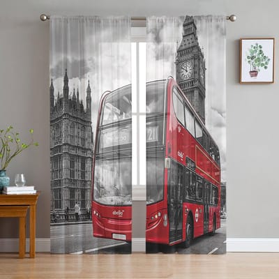 Londen Straat Rode Bus Big Ben Transparante Gordijnen voor Woonkamerdecoratie Raamgordijnen voor Keuken Tule Voile Organza Gordijnen W135 x H185cm x1