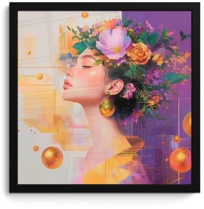 Poster in lijst - Fotolijst 40x40 cm - Posters - Abstract - Vrouw - Bloemenkroon - Goud - Posterlijst zwart - Decoratie - Wanddecoratie woonkamer - Muurdecoratie slaapkamer