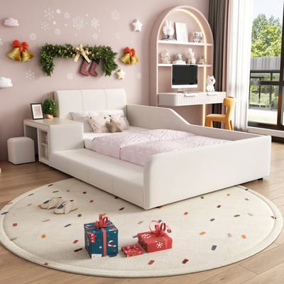 MODFU – Eenpersoons Kinderbed met Bureau – 90x200 cm – Met Kruk & Opbergplank – Fluweel – Wit