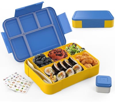 TOVBMUP Kinderlunchbox - 1300 ml - Verdeeld - 5 compartimenten - Bentobox - Bestekset - Lekvrij - Geschikt voor de crèche, school, picknicks, uitstapjes - Blauw