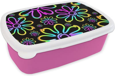 Broodtrommel Roze - Lunchbox - Brooddoos - Bloemen - Neon - Patronen - Psychedelisch - 18x12x6 cm - Kinderen - Meisje