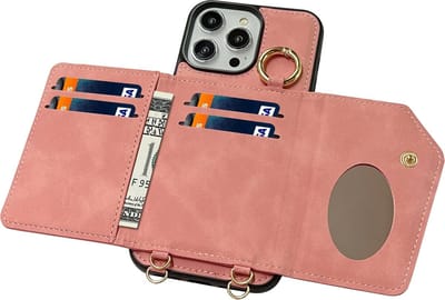 CaseMania Backcase hoesje geschikt voor iPhone 15 Pro Max - Effen Roze - Kunstleer - met Nekkoord, Pashouder en Spiegeltje