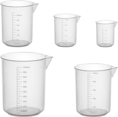 stonylab lab bekers Plastic, Doorzichtige Plastic Maatbeker met Schenktuit Maatbeker Set Vloeistofbeker Container in 5 maten, 50 ml/100 ml/250 ml/500 ml/1000 ml (1 L), Combinatieverpakking