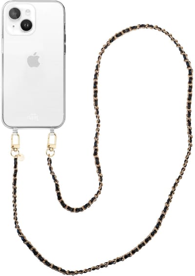 xoxo Wildhearts siliconen hoesje geschikt voor iPhone 13 - Classic Chain - Black (lang koord) - Telefoonhoesje - Hoesje met koord - Schakelketting - Lang telefoonkoord - Zwart met goud - Transparant hoesje