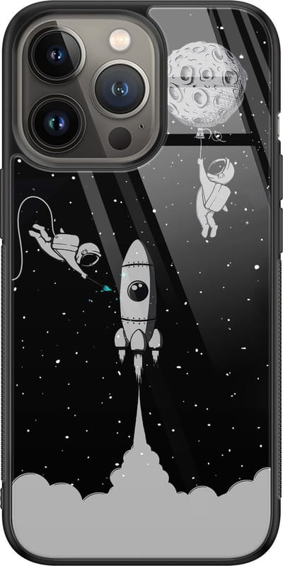 Hoesje geschikt voor iPhone 13 Pro Max - Space shuttle - Luxe Glazen Hardcase - Sterren - Grijs - Leuke Telefoonhoesjes