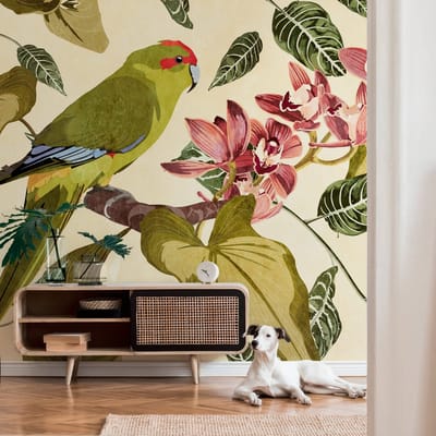 Fotobehang Profhome 382441-GU vliesbehang hardvinyl warmdruk in reliëf glad met Toile de Jouy patroon mat groen beige rood grijs 3,71 m x 2,8 m
