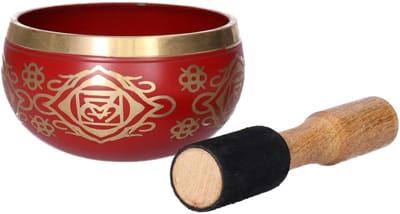 Gerimport Tibetaanse klankschaal met oosterse print - rood - met aanstrijkhout - messing - D12 x H7 cm - yoga/meditatie