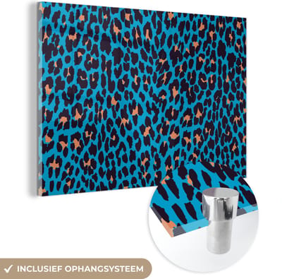 MuchoWow® Glasschilderij 60x40 cm - Schilderij acrylglas - Luipaardprint - Design - Blauw - Foto op glas - Schilderijen