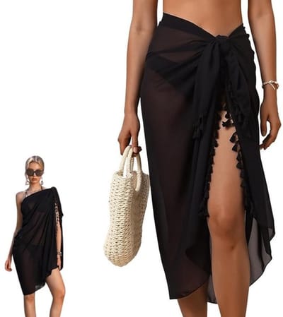Daity 1 stuk - Badpak Cover Up - Strand Sarong Cover Up - Dames Sarong - Sjaal - Met Kwastjes - Zwart - 110*180cm - Geschikt voor Strand, Zwembad, Cruise, Reisvakantie en Feest