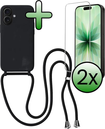 Hoes Geschikt voor iPhone 17 Hoesje Met Koord Met 2x Screenprotector - Telefoonhoesje Geschikt voor iPhone 17 Backcover Met Afneembaar Koord - Zwart
