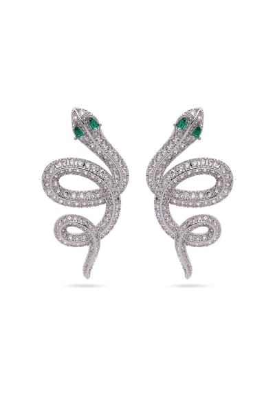 AVANT-GARDE PARIS Serpent Oorknopjes - Zilverkleurig Metaal - Rhodium Plated - Groene Kristallen Ogen - Post En Back Sluiting - Voor Vrouwen