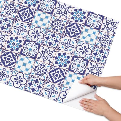 Coloray Meubel Wrap Folie - Blauw Meubelfolie - 75x150 cm - Decoratiefolie Mozaïektegels - Meubel Wrap Folie - Geometrische Meubelfolie - Plakfolie Meubels - Keuken decoratie - Achtergronden en patronen