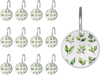 Gordijn Haken - Ring Haken - Badkamer Decoratie - Roestvrij Staal - 12 Stuks - Groen Blad
