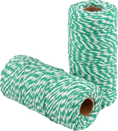 2 rollen katoenen slagerstouw, 2 mm x 100 m per rol in groen en wit voor trussing, bakken en wikkelen