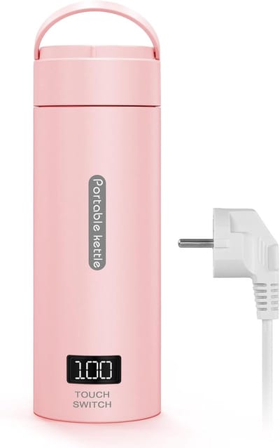 Elektrische waterkoker - Mini thermoskan - Reizen en onderweg - Vier temperatuurstanden - 380 ml - Roze