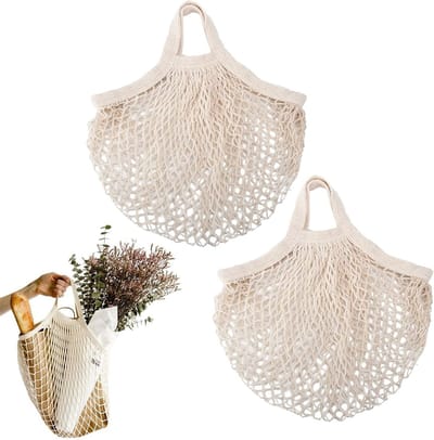 Herbruikbare Netten Tas, Katoenen Mesh Tas, 30 x 35 x 10 cm, Ideaal voor Boodschappen, Duurzaam en Milieuvriendelijk, Set van 2, Beige