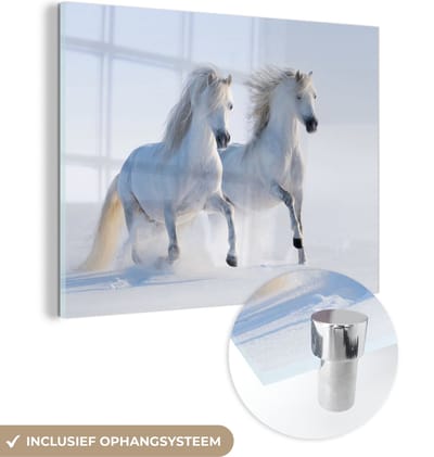 MuchoWow® Glasschilderij 40x30 cm - Schilderij acrylglas - Winter - Paarden - Sneeuw - Foto op glas - Schilderijen