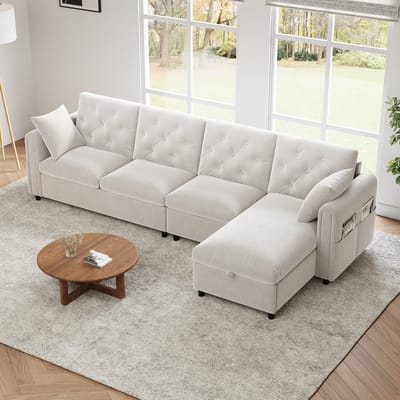 OKWISH Hoekbank 281 X 132 X 86 Cm - Slaapfunctie En Opbergruimte Met Verstelbare L Vorm - Met Zijvakken - Fluweel - Beige