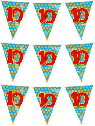 Paperdreams verjaardag 10 jaar thema vlaggetjes - 3x - feestversiering - 10m - folie - dubbelzijdig