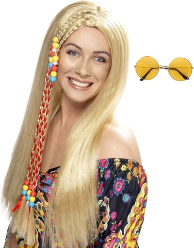 Smiffys Hippie Sixties verkleedset dames - Pruik lang haar blond - bril met ronde glazen geel - Flower Power thema