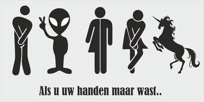 genderneutraal wc bordje - gender neutraal - man - vrouw - alien - eenhoorn - deur - tekstbordje - zelfklevend - geslepen rvs - 200 x 100 mm. - dikte 0,6 mm.