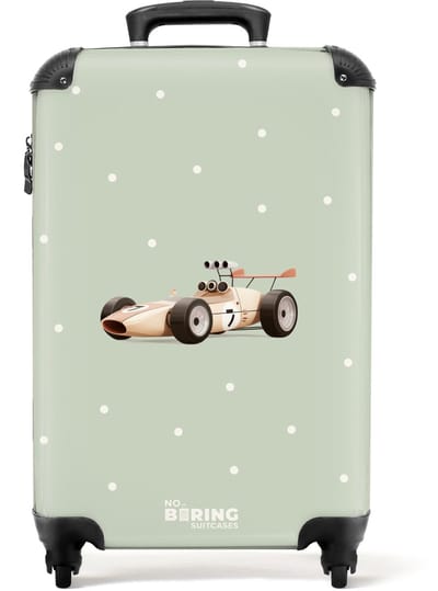 NoBoringSuitcases.com® - Kinderkoffer jongen - Kindertrolley jongens - Beige retro raceauto op groene stippen achtergrond - Handbagage koffer lichtgewicht - Reiskoffer trolley kinderen - Rolkoffer met wieltjes - Past binnen 55x40x20 en 55x35x25