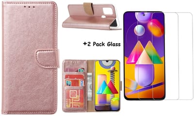 Hoesje Geschikt Voor Samsung Galaxy M31S Boek Hoesje / Wallet cover - Rose Goud Met 2X glas Screenprotector