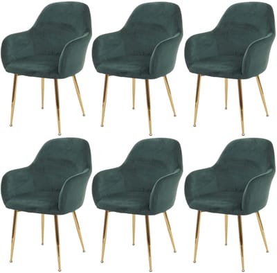 Set van 6 eetkamerstoelen MCW-F18, keukenstoel, retro design ~ fluweelgroen, gouden poten