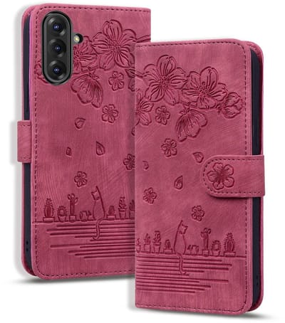 BoekCover Hoes Etui geschikt voor Samsung Galaxy A37 - A36 - A56 - Rood - Bloemen Kat - Reliëf