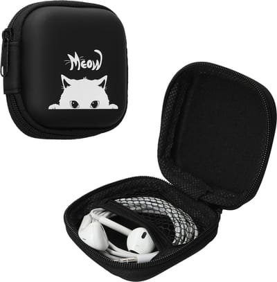 kwmobile Tasje voor oordopjes - Beschermhoes voor oordoppen - Etui voor oordopjes - Harde case in grijs / zwart - Kat Meow design