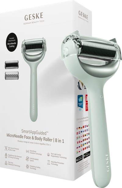 GESKE | SmartAppGuided™ MicroNeedle Face & Body Roller | 8 in 1 | Elektrische dermaroller | Microneedling | Microneedling-apparaat | Naaldrol | Naaldroller | Schoonheidsroller voor gezicht en lichaam